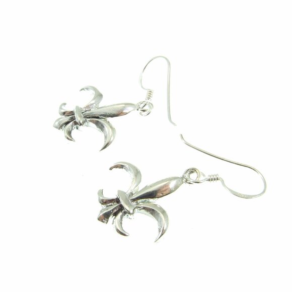 Solid 925 Sterling Silver Fleur-De-Lis Drop Dangle Hook Earrings - French Symbol - Picture 7 of 9